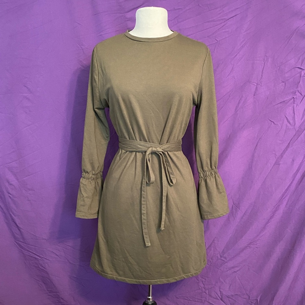Zara Olive Long Sleeve Dress with Waist Tie. Size S.